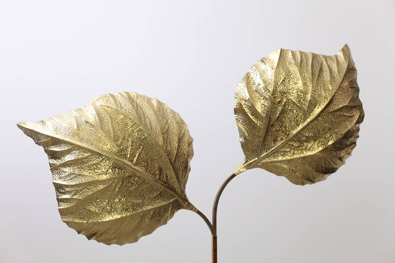 Very elegant and huge two rhubarb leaves floor lamp by the Italian designer Tommaso Barbi. The lamp is made of brass and the reflexion of the light on the brass brings a cozy atmosphere in every room. The lamp is a icon of the 1970s design and is in
