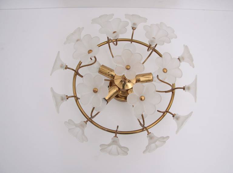German Glass Flower Flush Mount in Brass and Glass