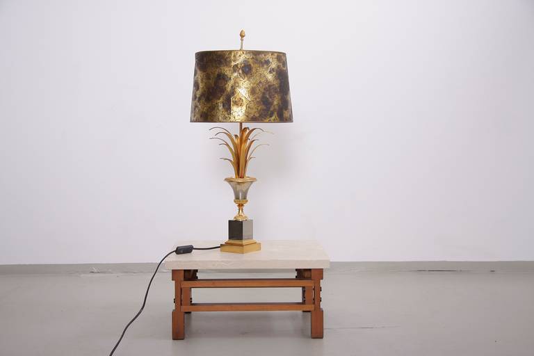 Maison Charles table lamp with original marble pattern shade and golden base.