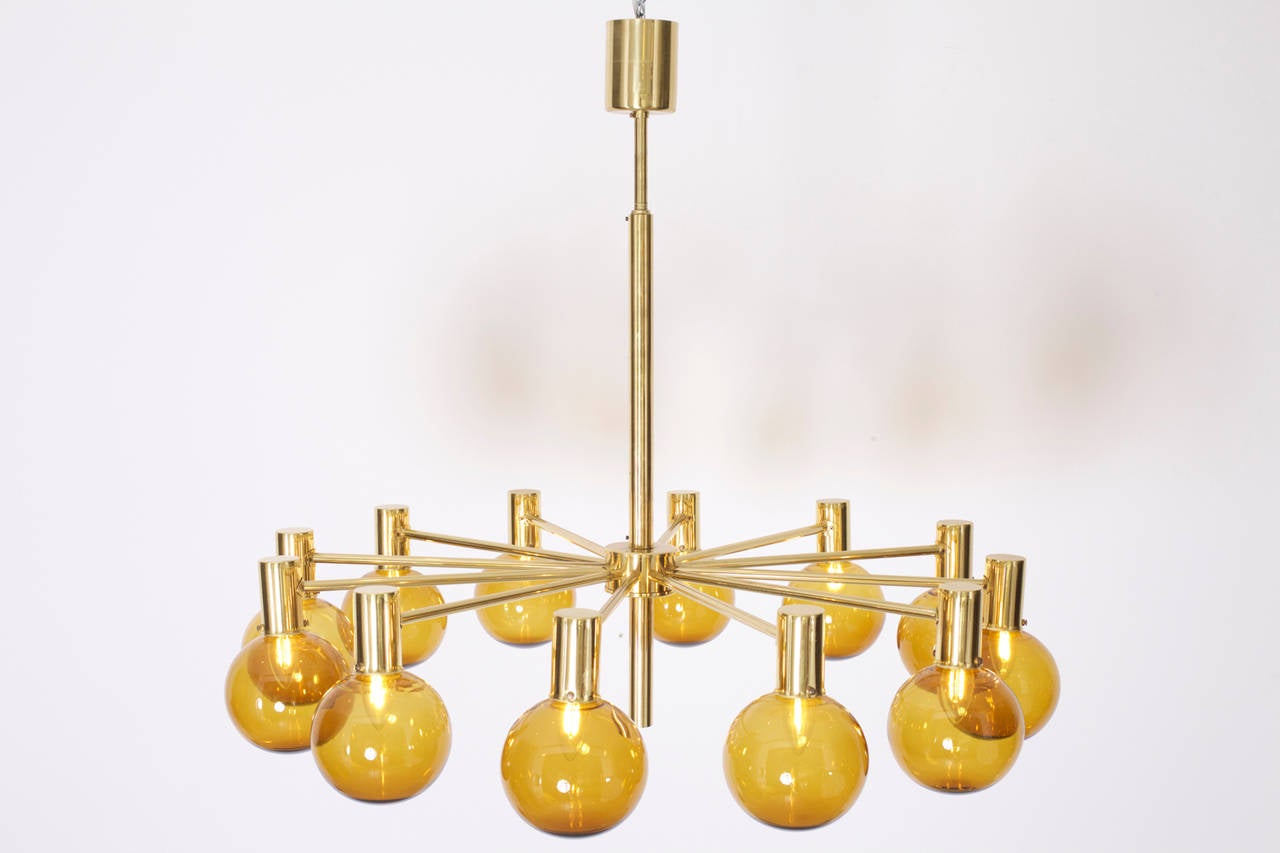 Mid-Century Modern  Huge Brass and Smoked Glass Bowls Chandeliers by Hans-Agne Jakobsson