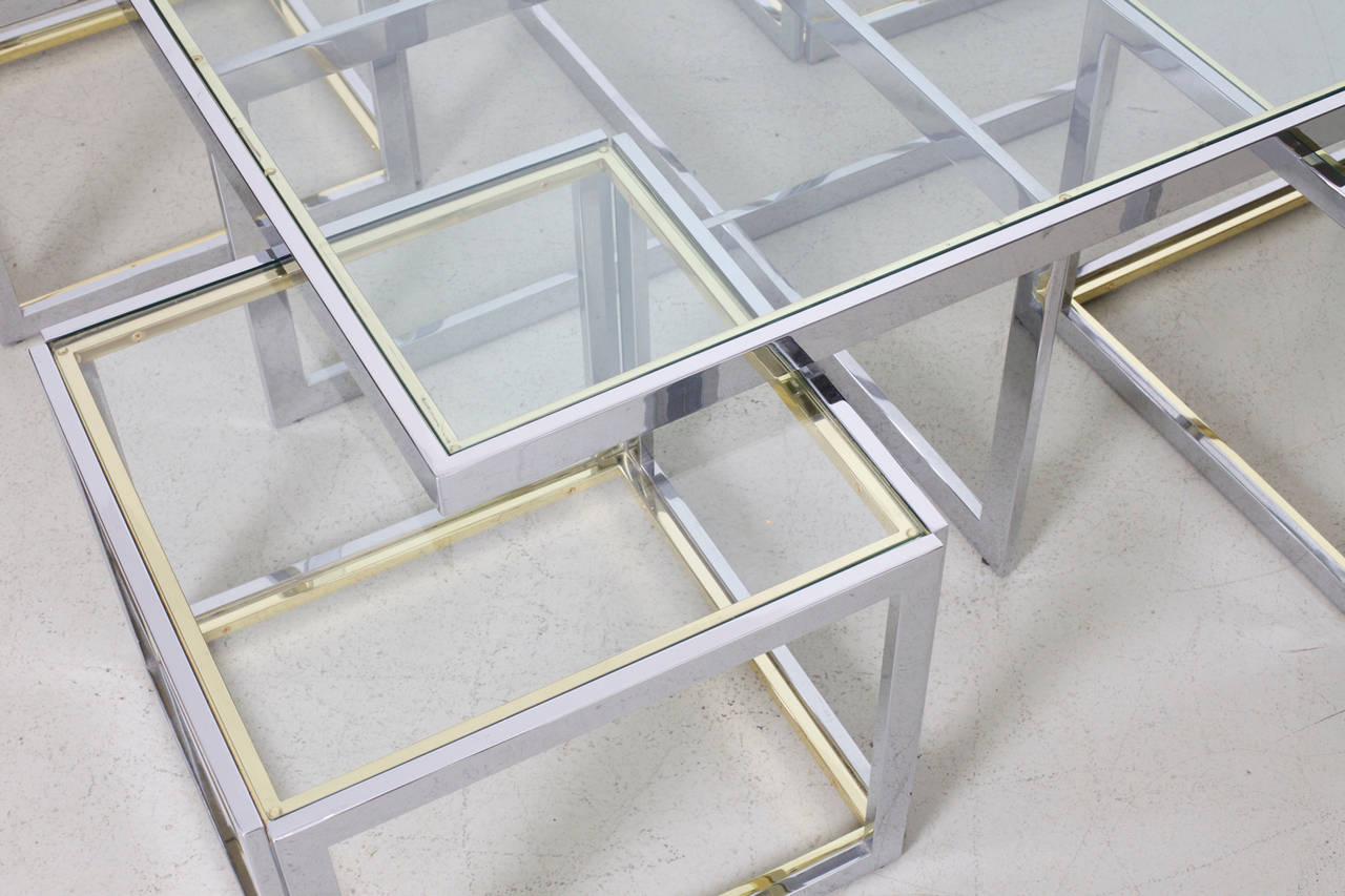 Hollywood Regency Huge Coffee Table in Brass and Chrome with Four Nesting Tables by Maison Charles For Sale