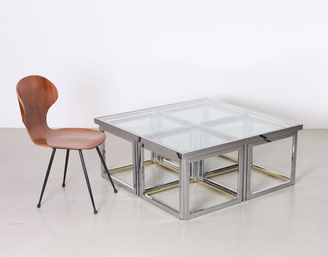 Huge Coffee Table in Brass and Chrome with Four Nesting Tables by Maison Charles In Excellent Condition In Berlin, BE