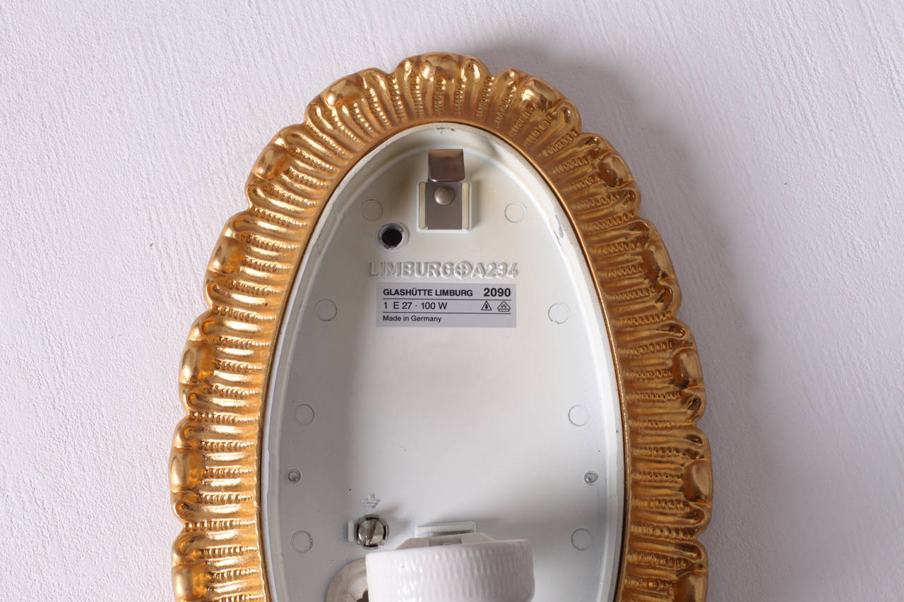 Mid-20th Century 1 of 2 Glass Flush Mounts or Sconces on Gold-Plated Base by Glashütte Limburg For Sale