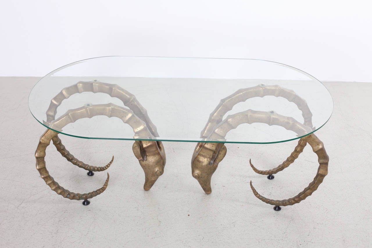 Hollywood Regency Ibex or Ram's Head Brass Coffee Table in the Manner of Chervet