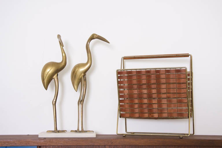 Mid-20th Century XL Large Pair of Hollywood Regency Brass Cranes on Marble Base