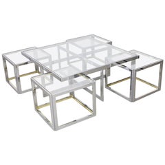 Grande table basse en laiton et chrome avec quatre tables gigognes de la Maison Charles