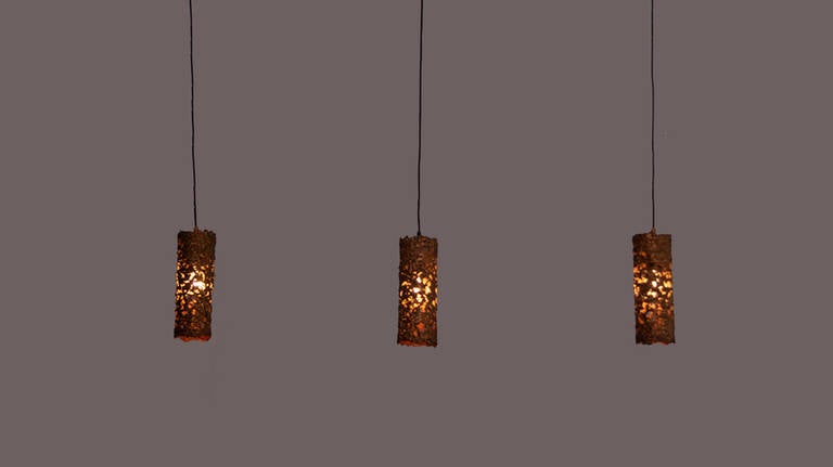 Mid-20th Century Set of Three Copper Brutalist Pendant Lamps For Sale