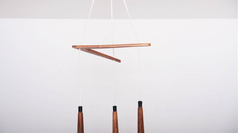 Danish Impressive Copper Chandelier with Performated Shades and Tropic Wood Details For Sale