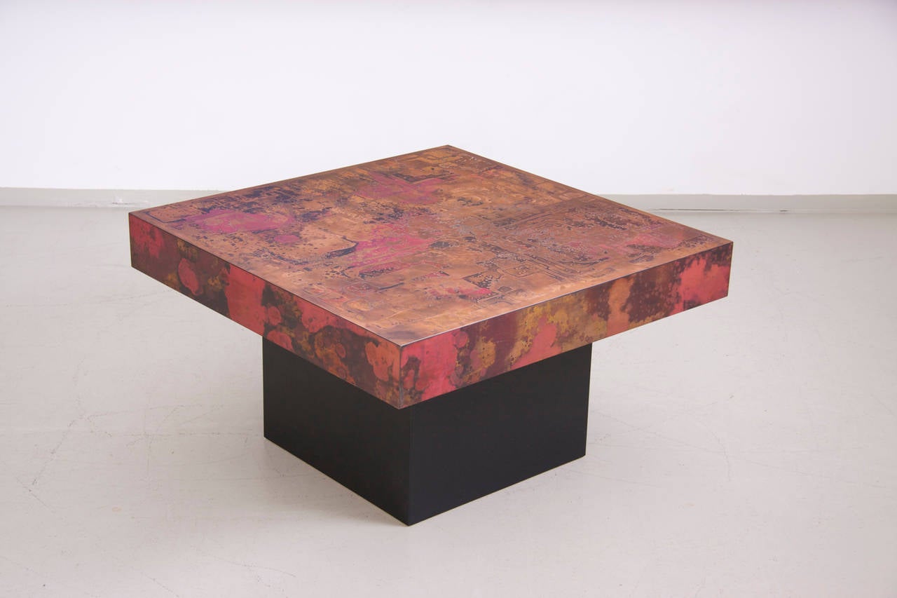 Brutalist Coffee Table By Bernhard Rohne In Copper Signed At 1stdibs Excellent Condition Brutalist Coffee Table With Black Laquered Wooden Base And Copper Top Made In