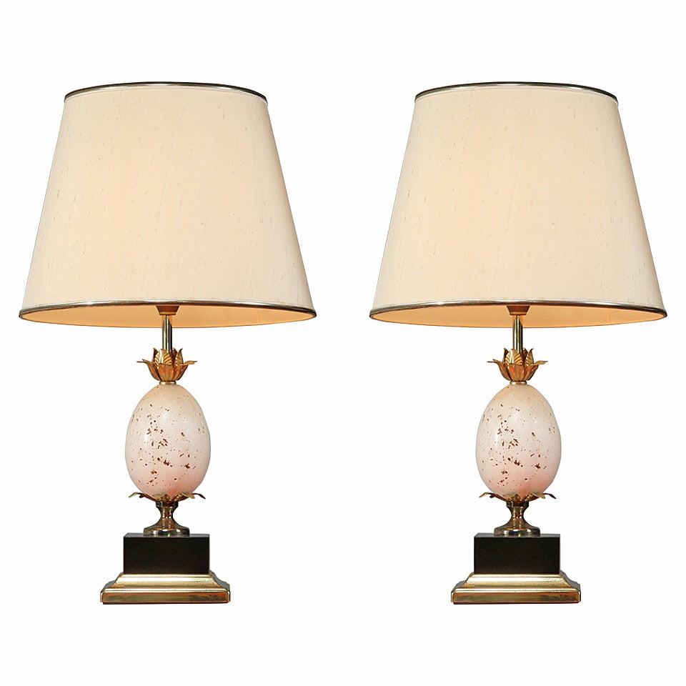 Pair of French Table or Console Lamps with Travertine Ostrich Egg