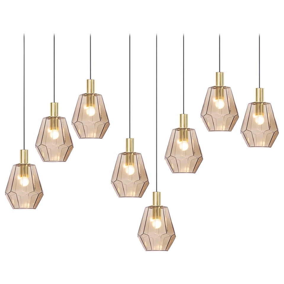 Large Quantity of Brass and Smoked Glass Pendant Lamps by Limburg Glashütte