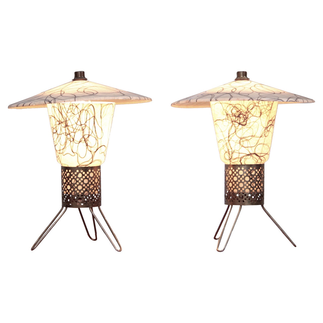 1950s Brass Hairpin and Fiberglass Table Lamps, USA