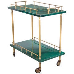 Aldo Tura Green Serving Tea Cart in Goatskin and Brass