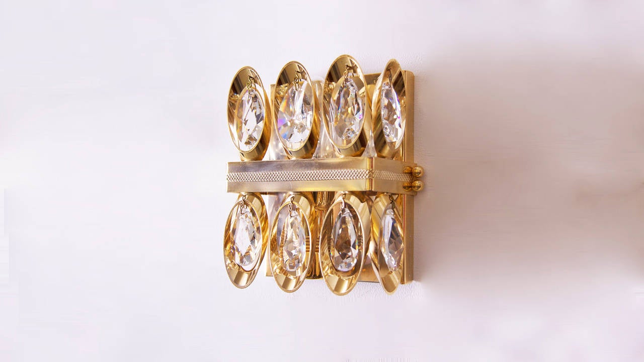 Austrian Brass Sconces with Crystal Pendants by Lobmeyr