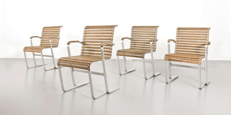 Set of four Marcel Breuer armchairs. 
The innovatory aluminium furniture series was designed by Breuer in Switzerland 1932-34 and manufactured by Embru for marketing in the Wohnbedarf stores and was put back into limited production under licence in