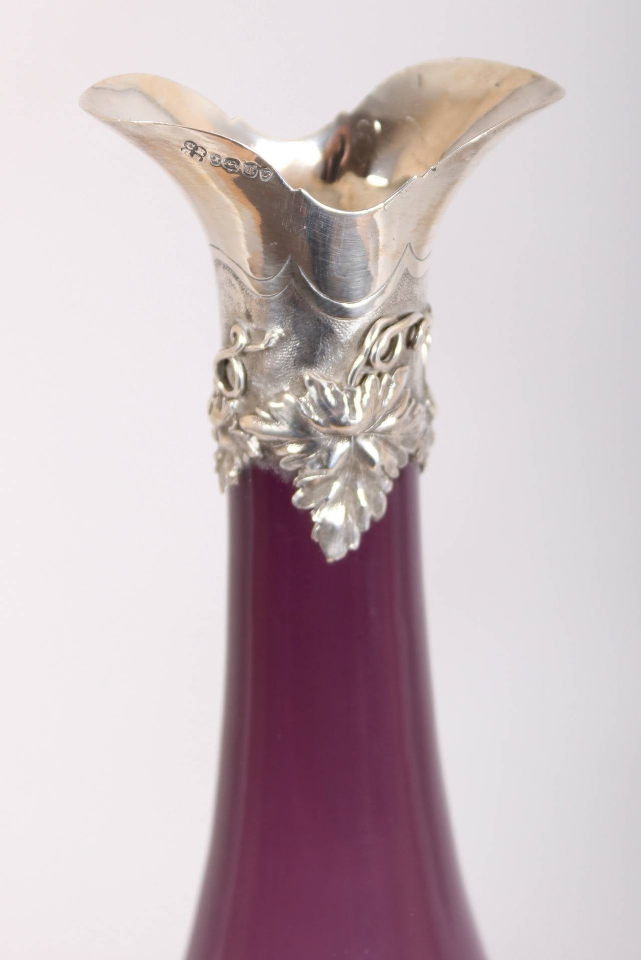 Victorian Silver-Mounted Amethyst Glass Bottle Shaped Decanter and Stopper