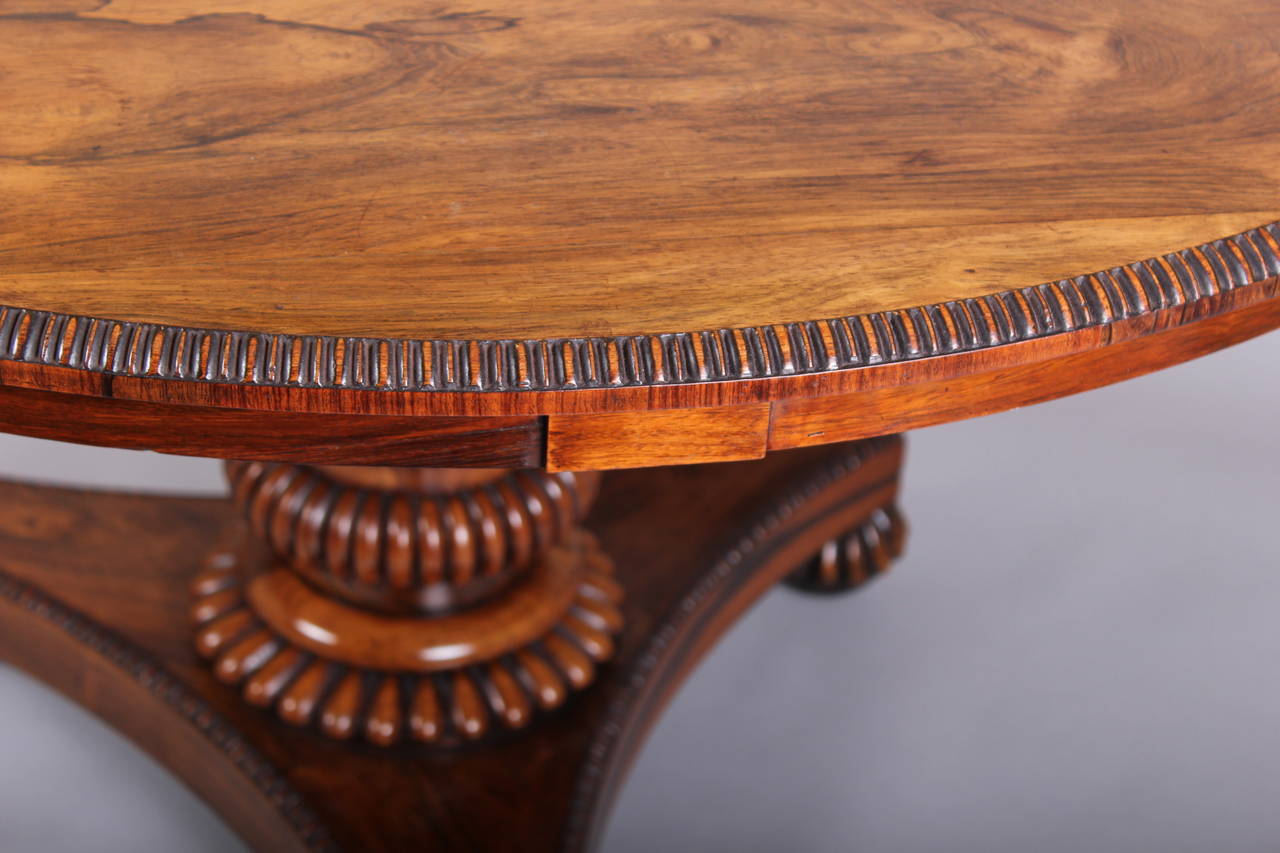 William IV period rosewood table of fine figure and colour; the hinged circular top with a split-turned moulded edge, on a bold shaft with knulled collars and a triangular platform base with knulled bun feet.