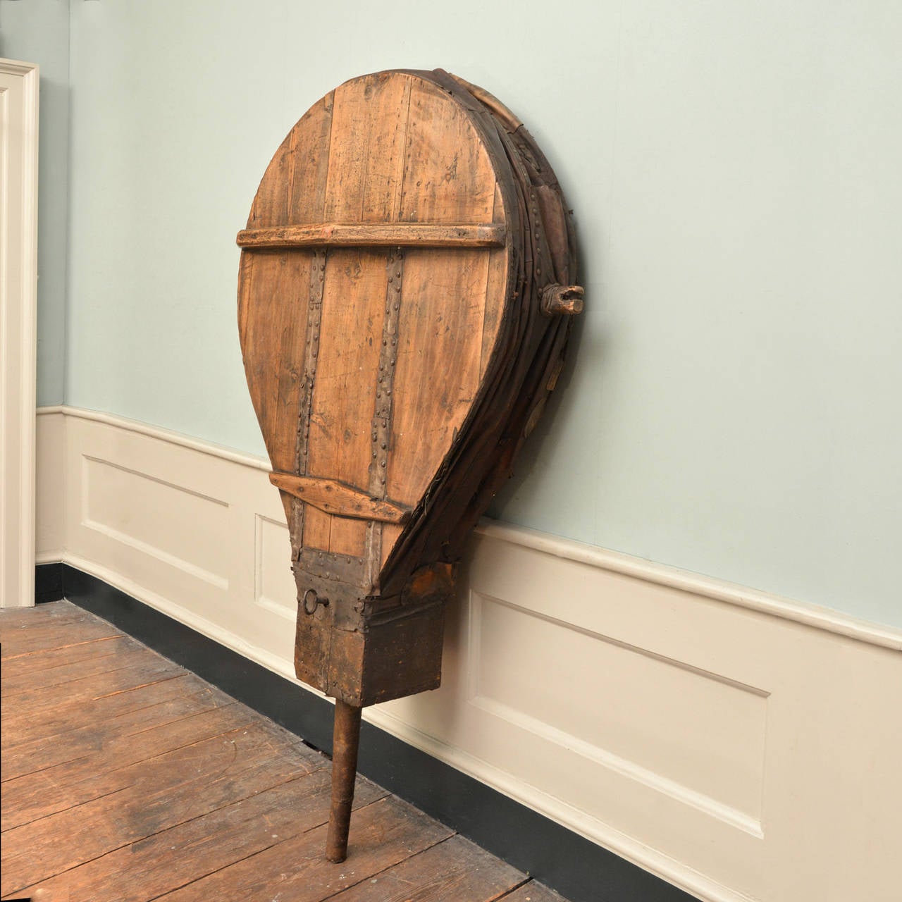 A pair of huge foundry bellows. Deal, leather and iron. 

Available to view at Brunswick House, London

106cm wide, 30cm deep, 185cm long .