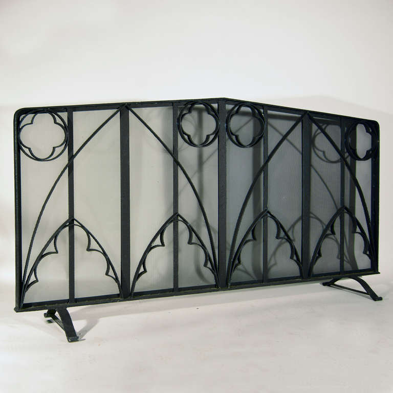 A wrought iron inglenook fire screen, twentieth century, the panels of Gothic tracery design.

This has been reduced to £700 in our Autumn Sale.

Available to view at Brunswick House, London.