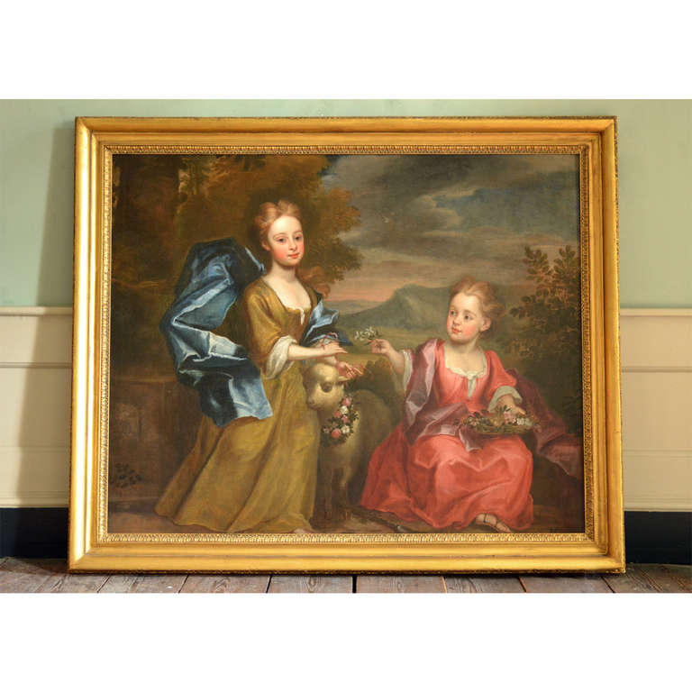 Charming eighteenth century oil on canvas, depicting two sisters with a garlanded lamb, in a highland setting. 

This painting is stylistically in the manner of Allan Ramsay; the girls faces and the handling of the flowers very reminiscent of his