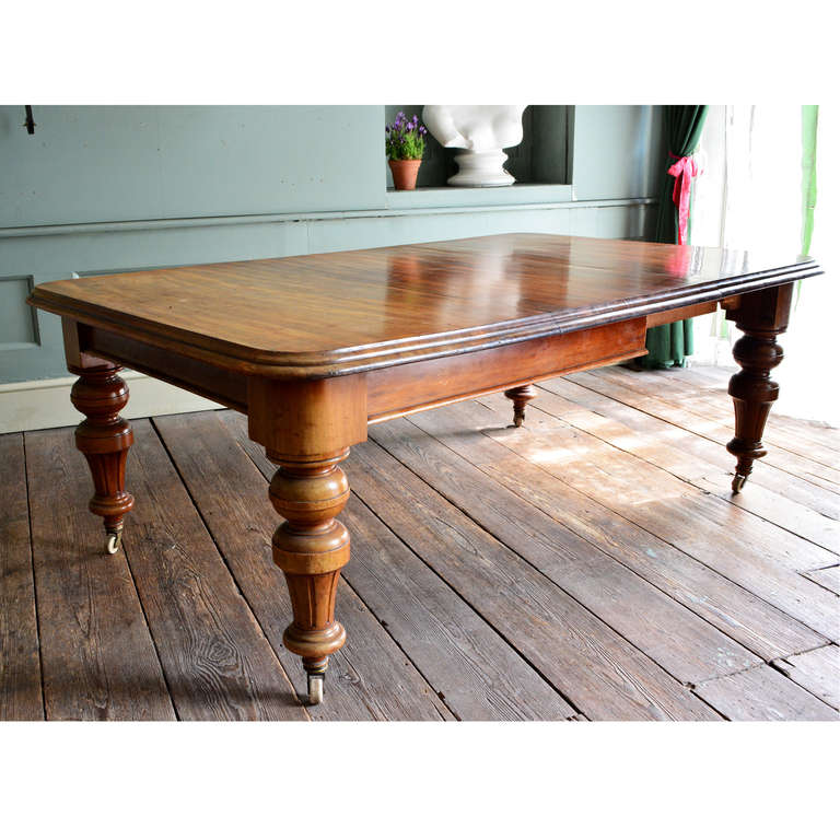 A Victorian mahogany extending dining table, the top on turned baluster legs with ceramic castors, extending from 134cm in length to 258cm.

Available to view at Brunswick House, London.