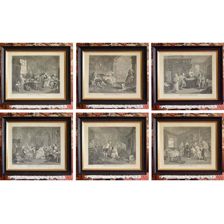 A set of six (later) framed copper engraved prints published by Baldwin, Cradock & Joy in 1822, the last edition printed from Hogarth's original plates.

A warning, showing the disastrous results of an ill-considered marriage for