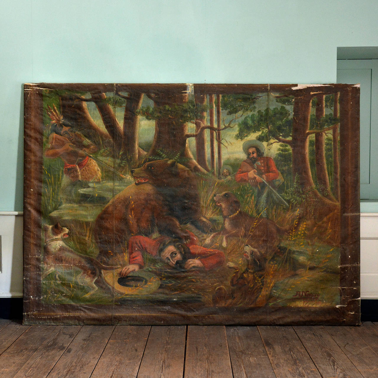 A fantastic pair of decorative hunting paintings, canvas stretched over frames, originally from a travelling 'Menagerie' or Wild Animal show in 19th century France. Travelling shows of this type became popular from the 1880's after William Frederick
