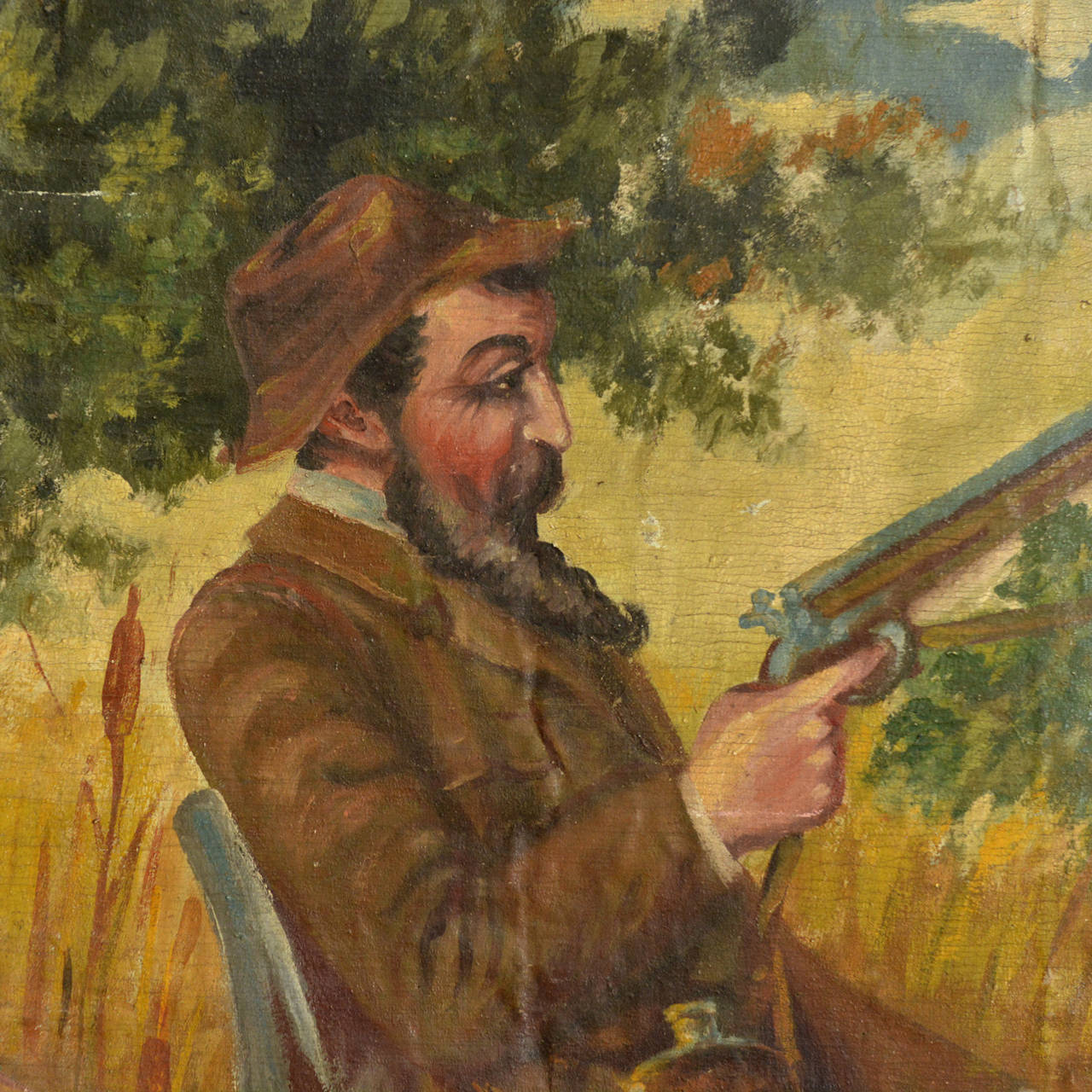 Folk Art Pair of Large Hunting Scenes Paintings