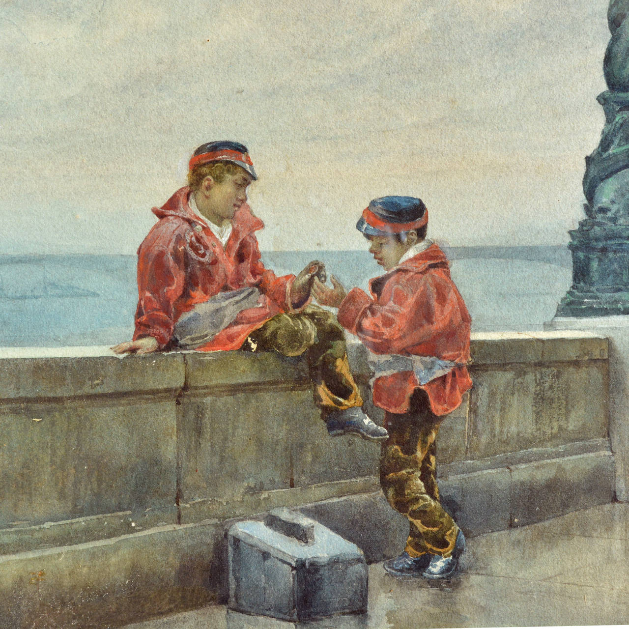Shoeshine Boys on the Thames Embankment, 'Victorian Genre' watercolour by Andrew Carrick Gow

Available to view at Brunswick House, London.

Andrew Carrick Gow RA (1848-1920) was a British artist who painted military, historical, genre and