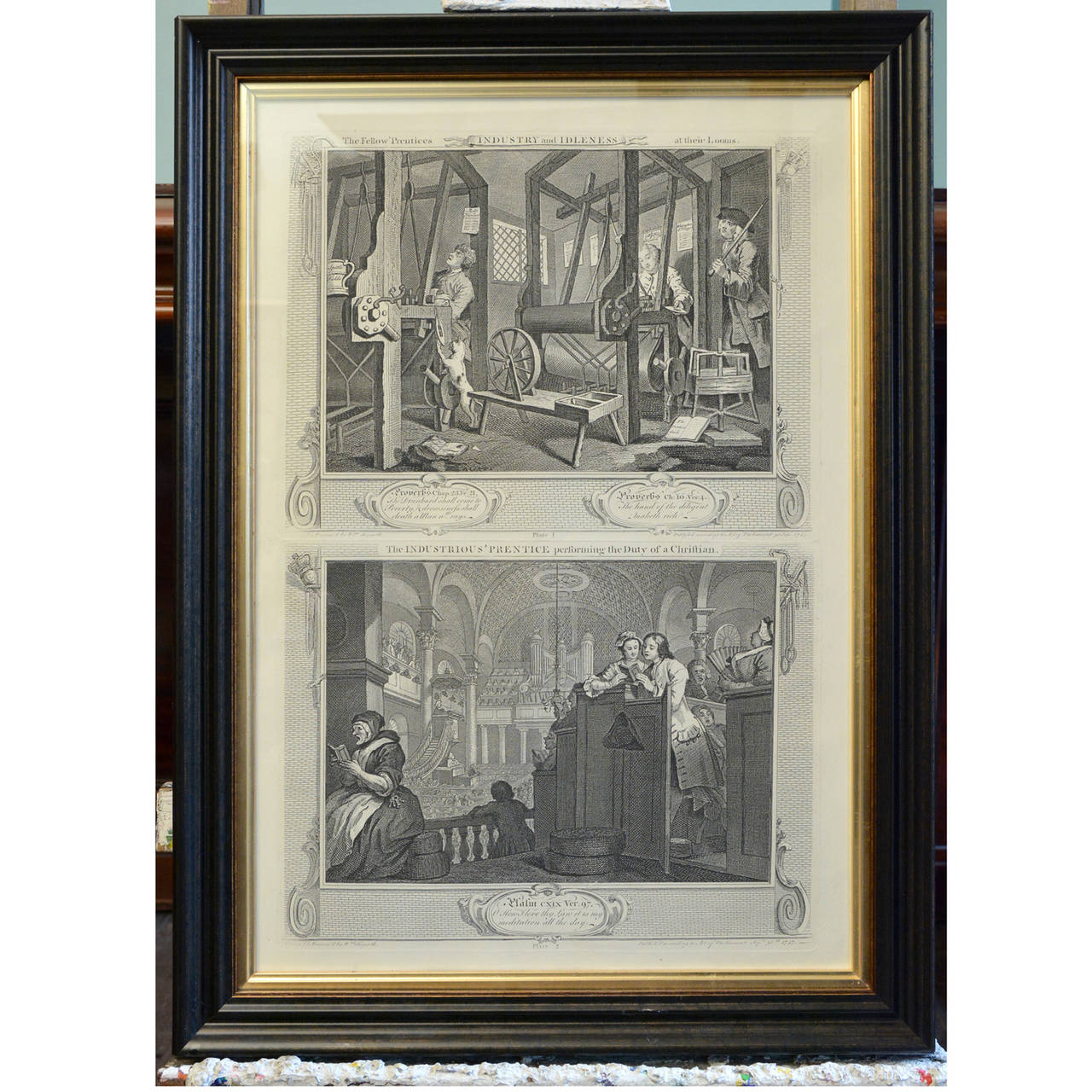 A set of seven original copper-engraved prints of Industry and Idleness by William Hogarth (1697-1764), later framed.  The final edition from Hogarth's original plates, published by Baldwin, Cradock & Joy in 1822.

A moral warning, intending to