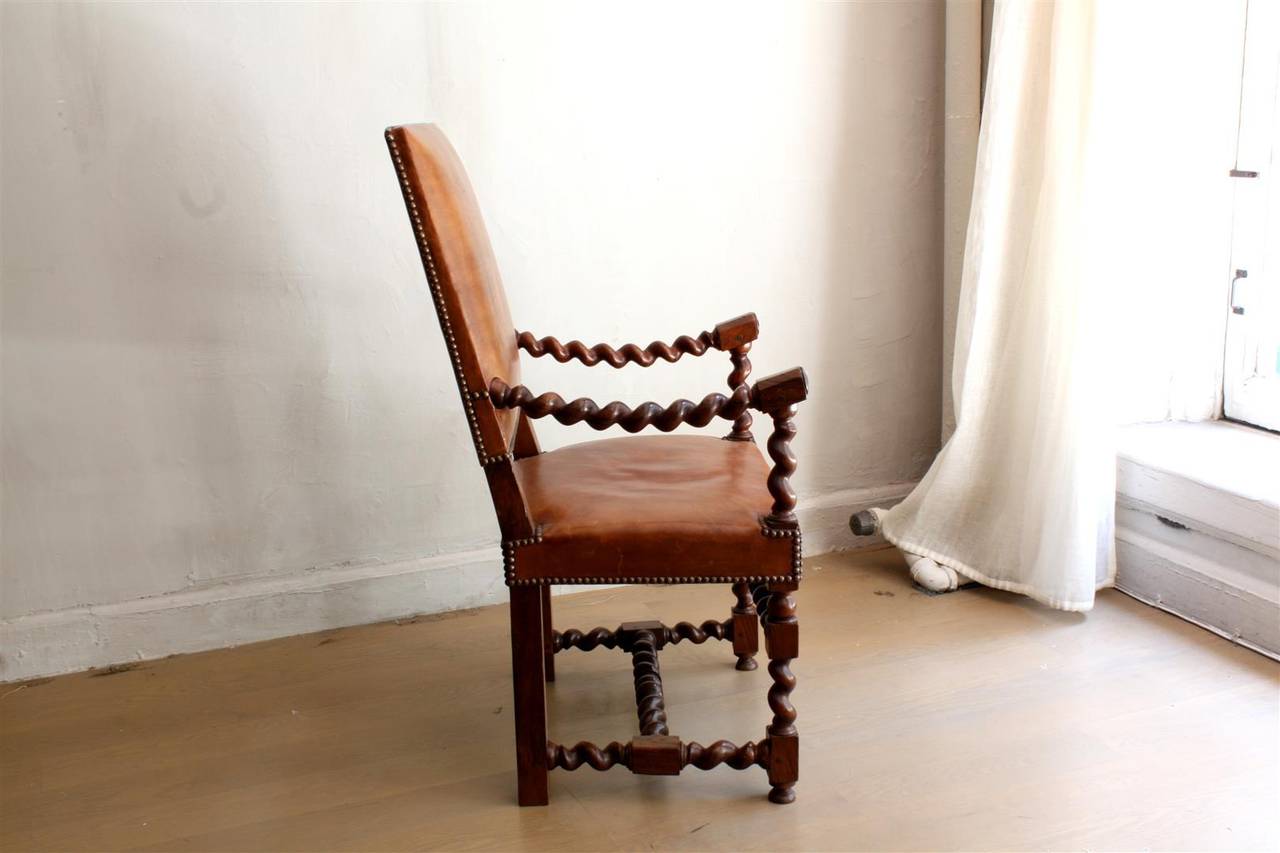 Unique French Walnut Barley Twist Leather Armchair,  19th Century In Excellent Condition For Sale In New York, NY