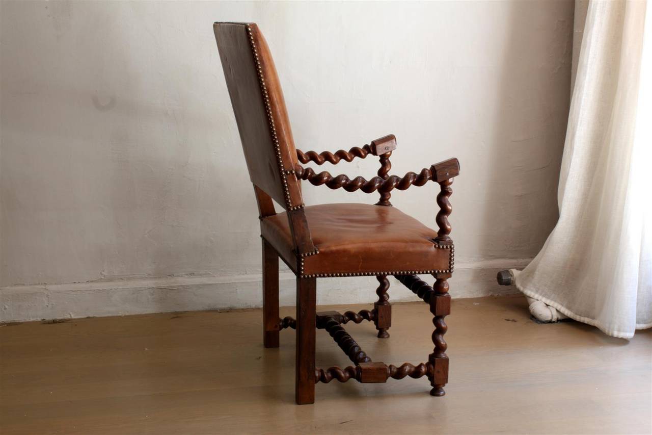 Unique French Walnut Barley Twist Leather Armchair,  19th Century For Sale 1