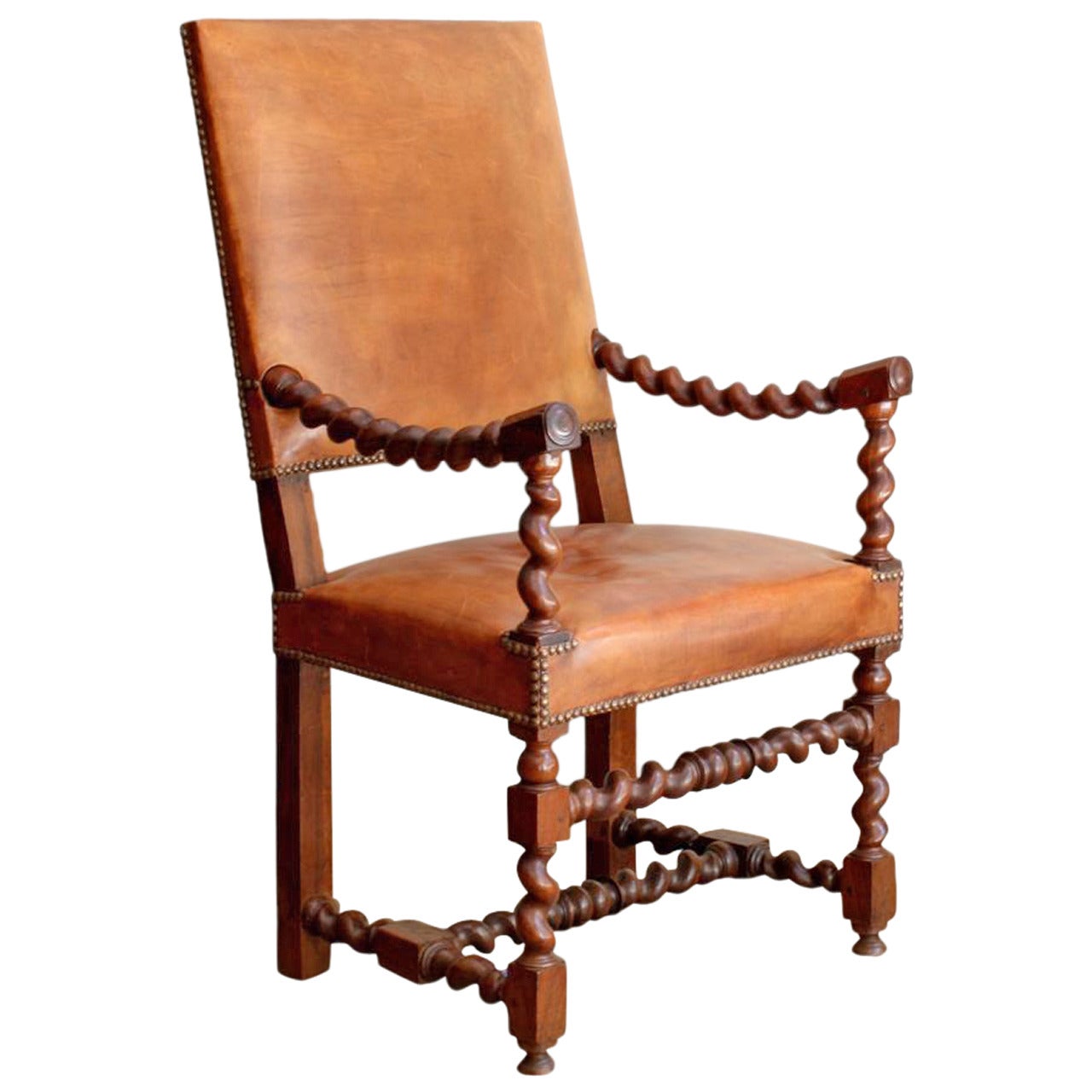 Unique French Walnut Barley Twist Leather Armchair,  19th Century For Sale