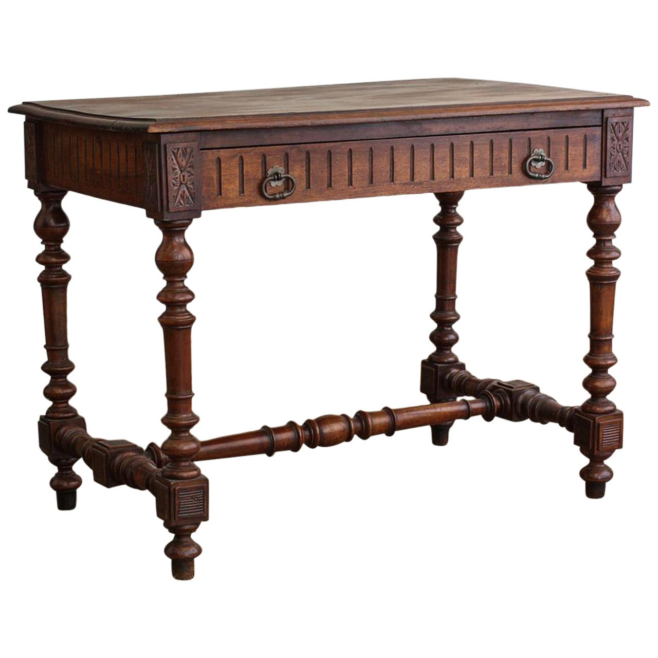 French Single-Drawer Carved Side Table with Brass Hardware, 19th Century For Sale