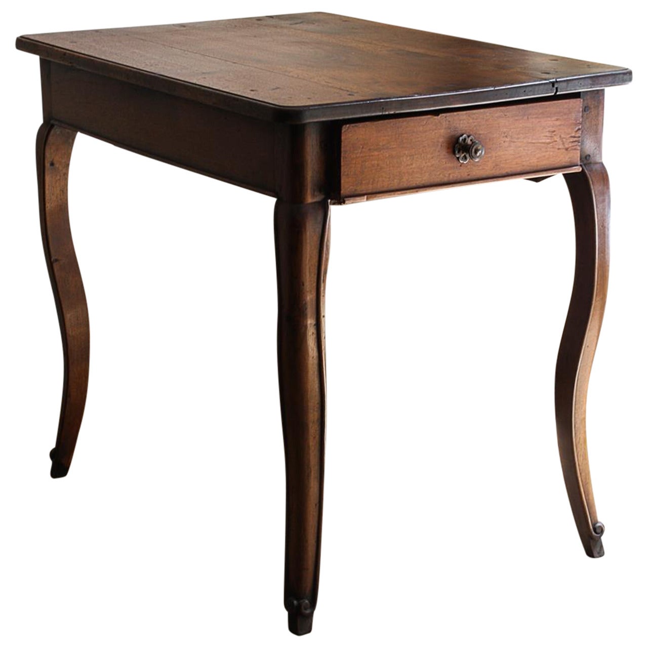 French Louis XV Provincial Walnut Side Table with Single Drawer and Flower Knob For Sale