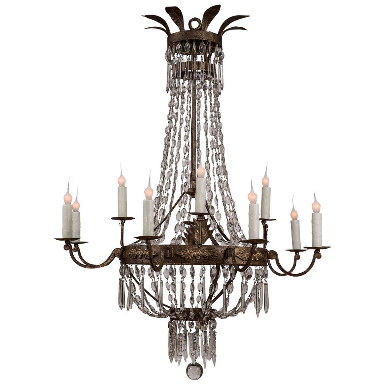 Large 19th Century Italian Gilt Iron and Crystal Chandelier