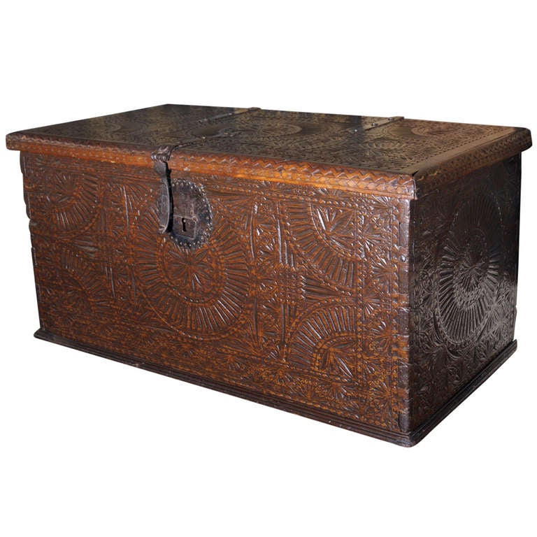 18th c. Carved Spanish Trunk at 1stDibs