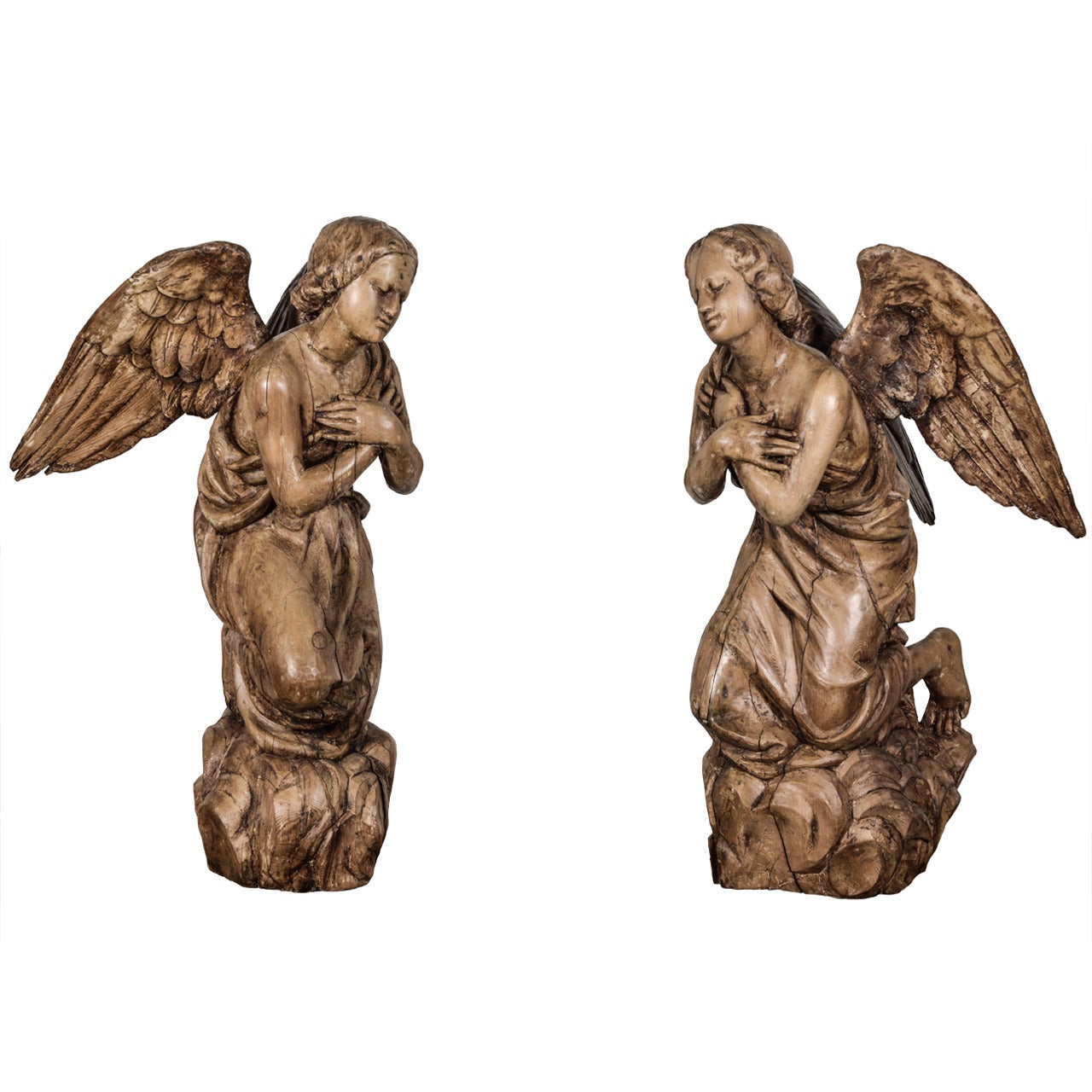 Pair of Antique Carved Wooden Angels