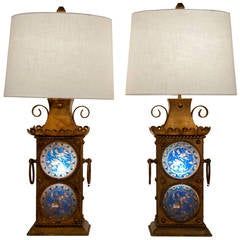 Antique European Gilted Lamps with stained glass