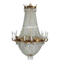 Antique French Bell Shape Cut Crystal with Brass Framed Chandelier.