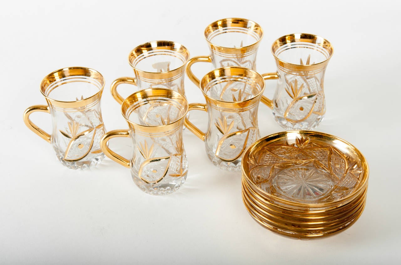 Vintage gilded cut crystal handmade A/D six cups and six saucers. Excellent condition.