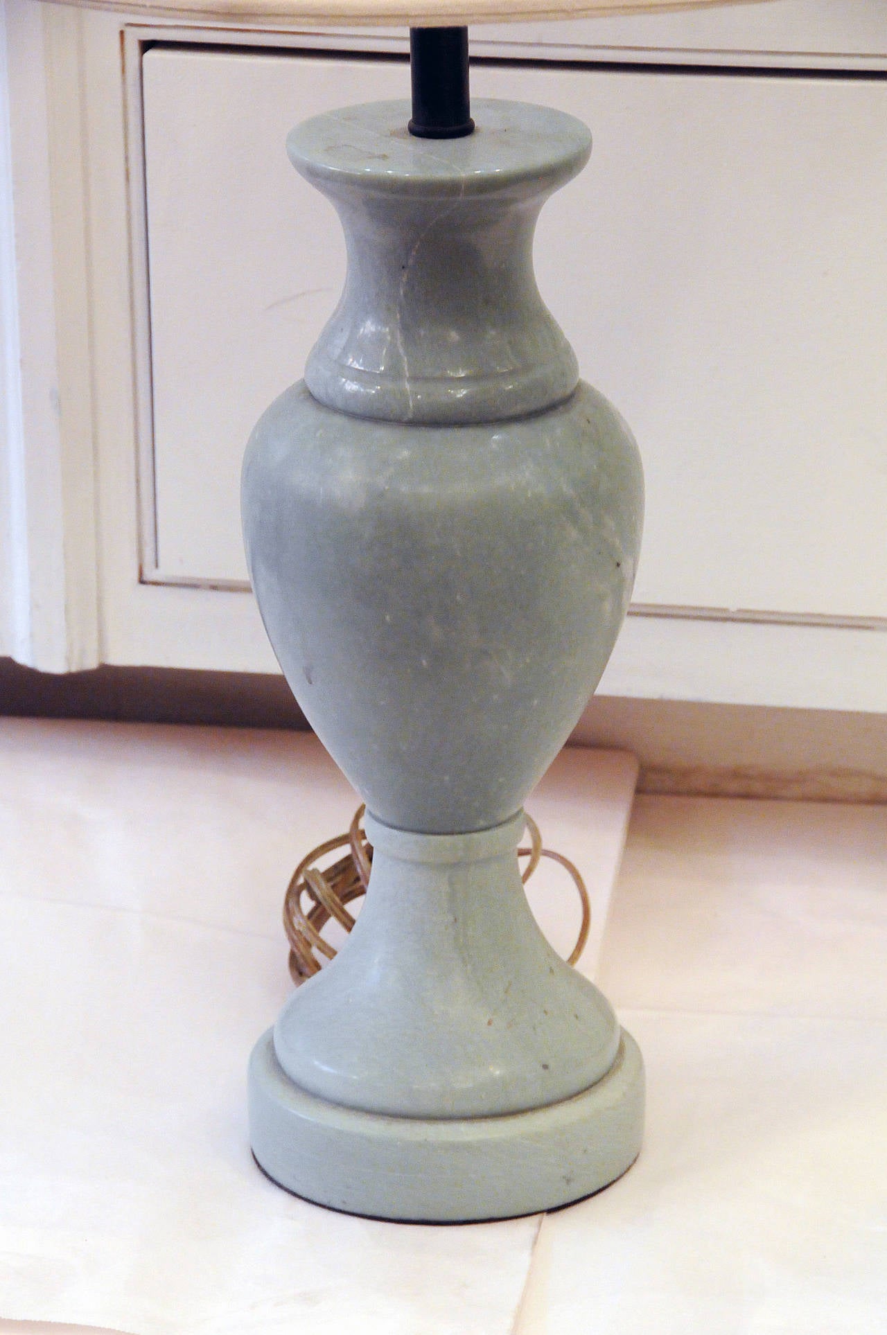 Vintage Jade colored stone lamp with silk shade. Shade dimensions: 14
