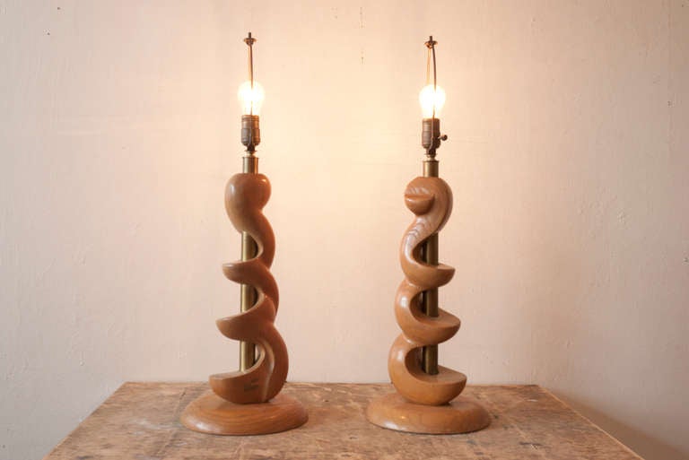 Mid-Century Modern Sculpted Wooden Lamps by Light House For Sale