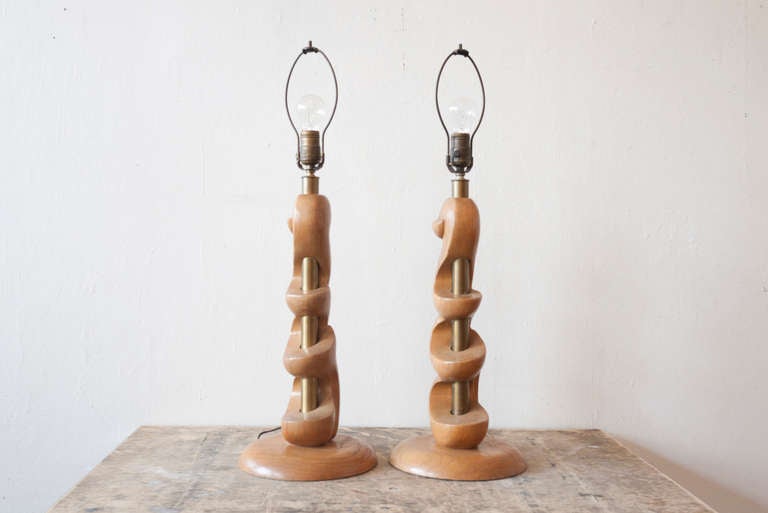 American Sculpted Wooden Lamps by Light House For Sale