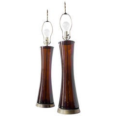 Pair of Italian Amber Glass Lamps