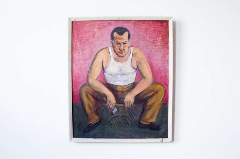 Un autoportrait à l'huile sur toile de Maurice Glickman - représentant l'artiste en position assise, maniant ses outils de sculpteur. Elle est titrée et signée au dos.