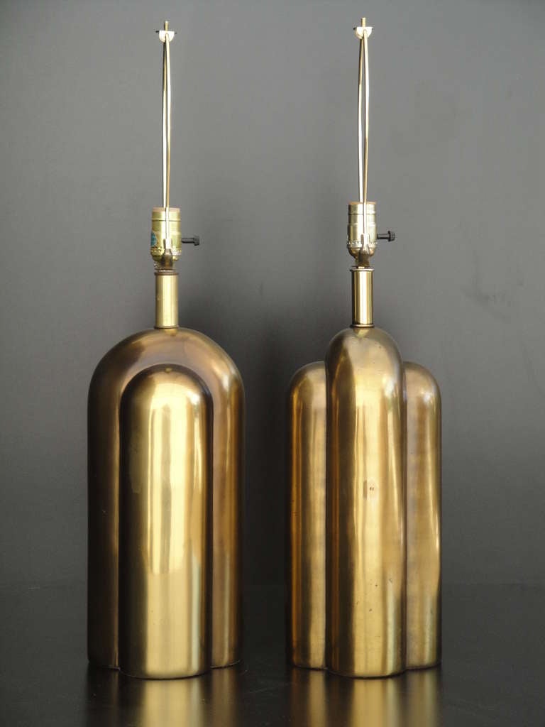 Art Deco Machine Age style antique bronzed lamps
Measures 28'' to the top of harp, 20