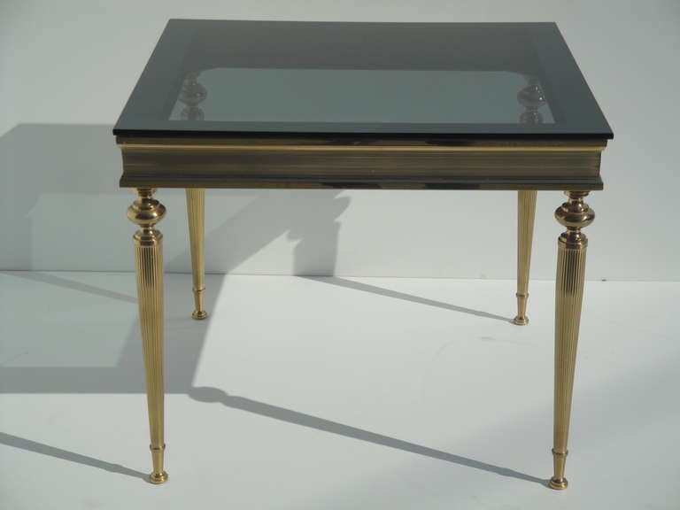 Hollywood Regency Italian Bronze Side Table with smoked glass with mirrored border/edge.