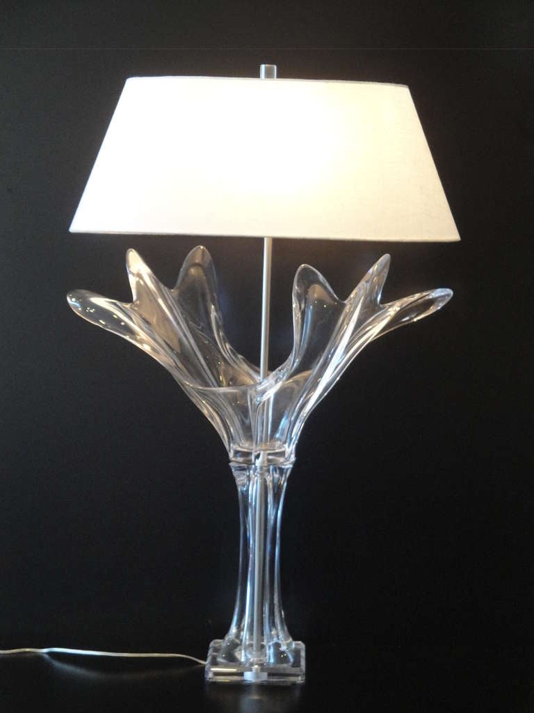 Stunning French Cofrac Art Verrier crystal table lamps mounted on Lucite base.  Height is approximately 40