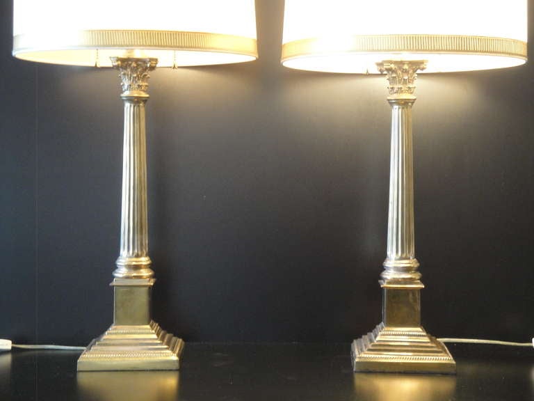 Lovely Pair of Neoclassical Brass Lamps attr Stiffel 2